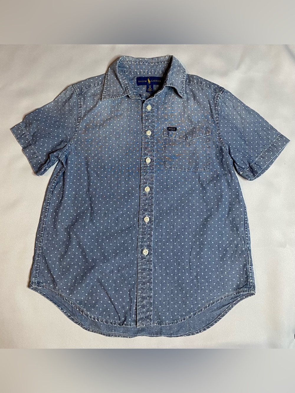 Ralph Lauren Shirt Boys 8 Blue Chambray Short Sleeve Button Up Stars Print *READ